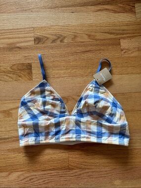 Madewell Size L Plaid Bralette with Blue and Tan Checks